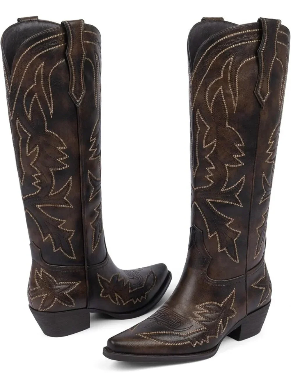 Women's Retro Brown Knee High Boots Embroidered Pull on Pointed Toe Chunky Heel